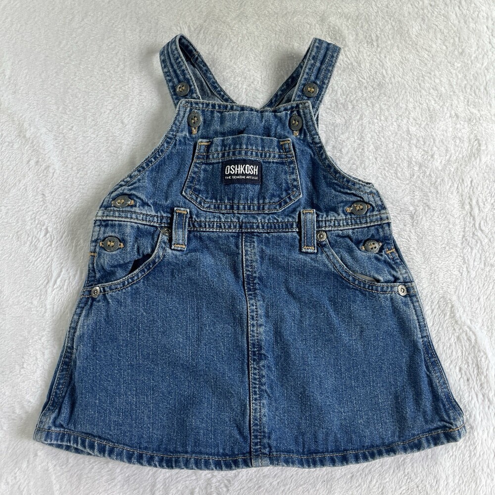 VTG OshKosh Bgosh Vestbak Denim Overall Dress Jumper Baby Girl 12M Skirt 90s